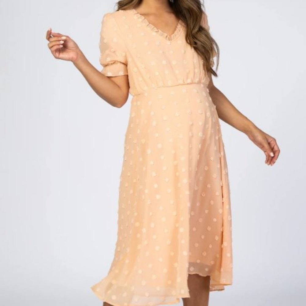 Peach Swiss Dot Ruffle Trim Maternity Dress